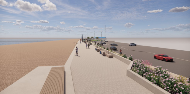 artist impression of promenade with beach to the left and road to the right