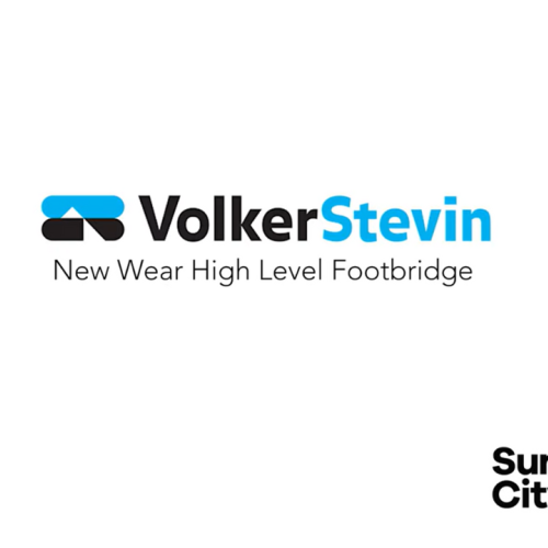 VolkerStevin logo with text underneath which reads 'New Wear high-level Footbridge' and Sunderland City Council logo in the bottom right corner.