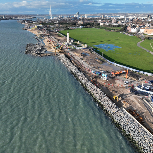 Aerial view of construction work along the seafront promenade at Southsea