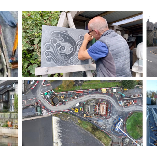 Collage of images including construction work