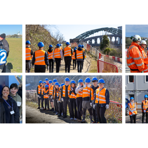 Collage of students visiting sites.