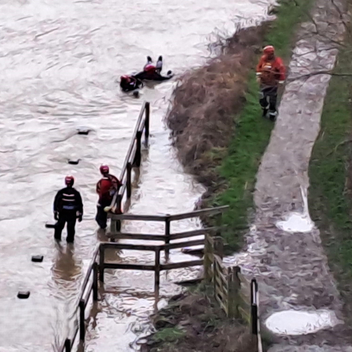 People in a river practicing safety training.