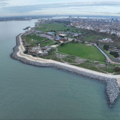 Aerial view of Southsea Castel with promenade to the front onto the sea