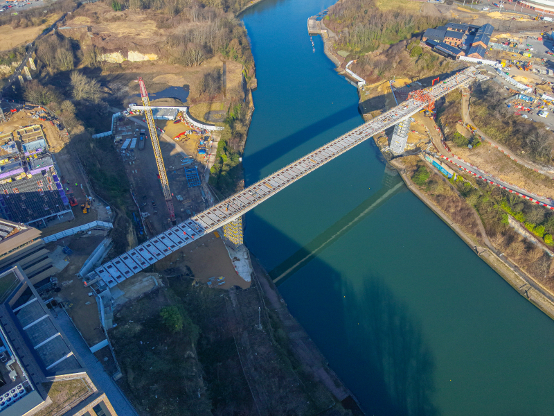 Aerial view of footbridge being built over River Wear