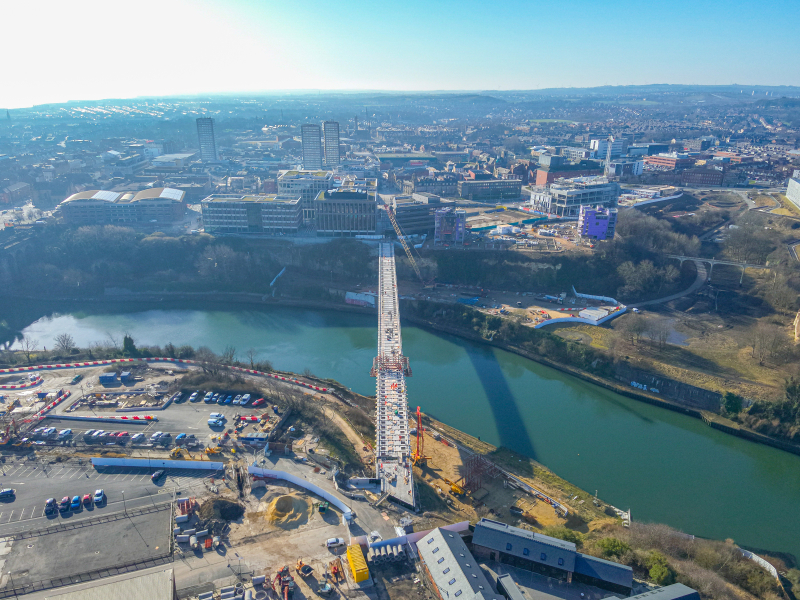 Aerial view of footbridge being built over River Wear