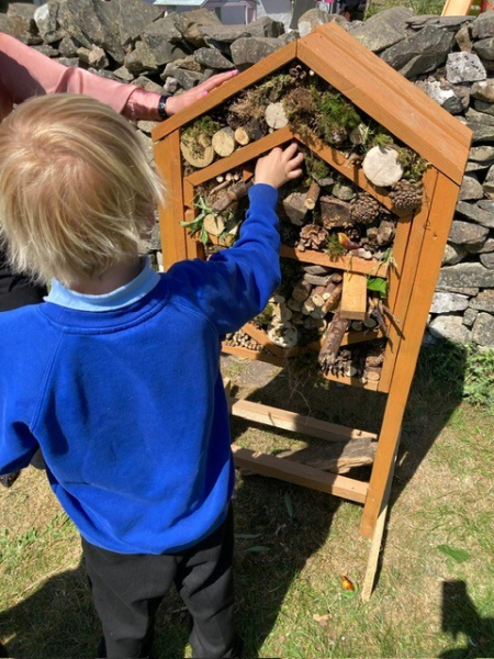 Young boy in blue jumper filling a wooden bug house with logs