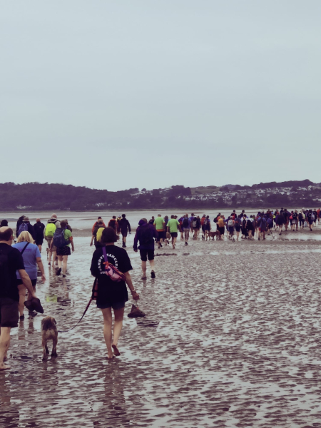 group of people walking across a beach