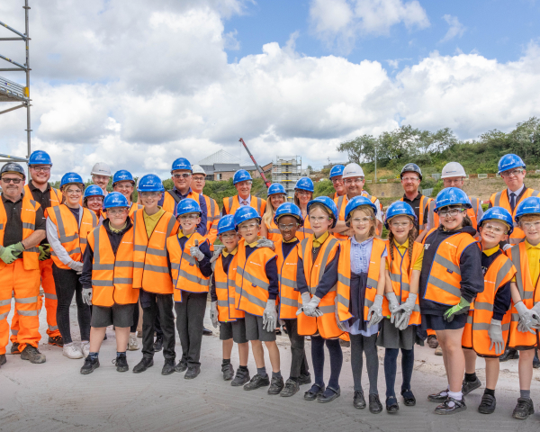 Children in high vis on the Wear Bridge project.