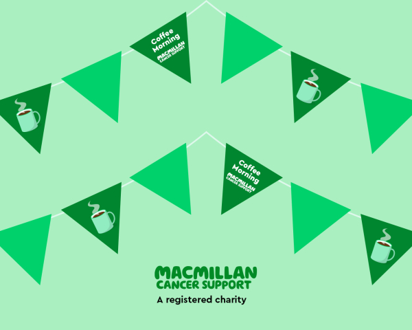 Macmillan coffee morning green poster with green bunting