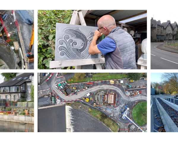 Collage of images including construction work
