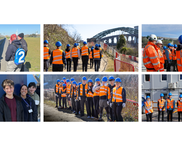 Collage of students visiting sites.