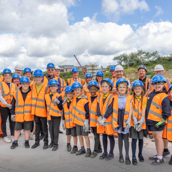 Children in high vis on the Wear Bridge project.