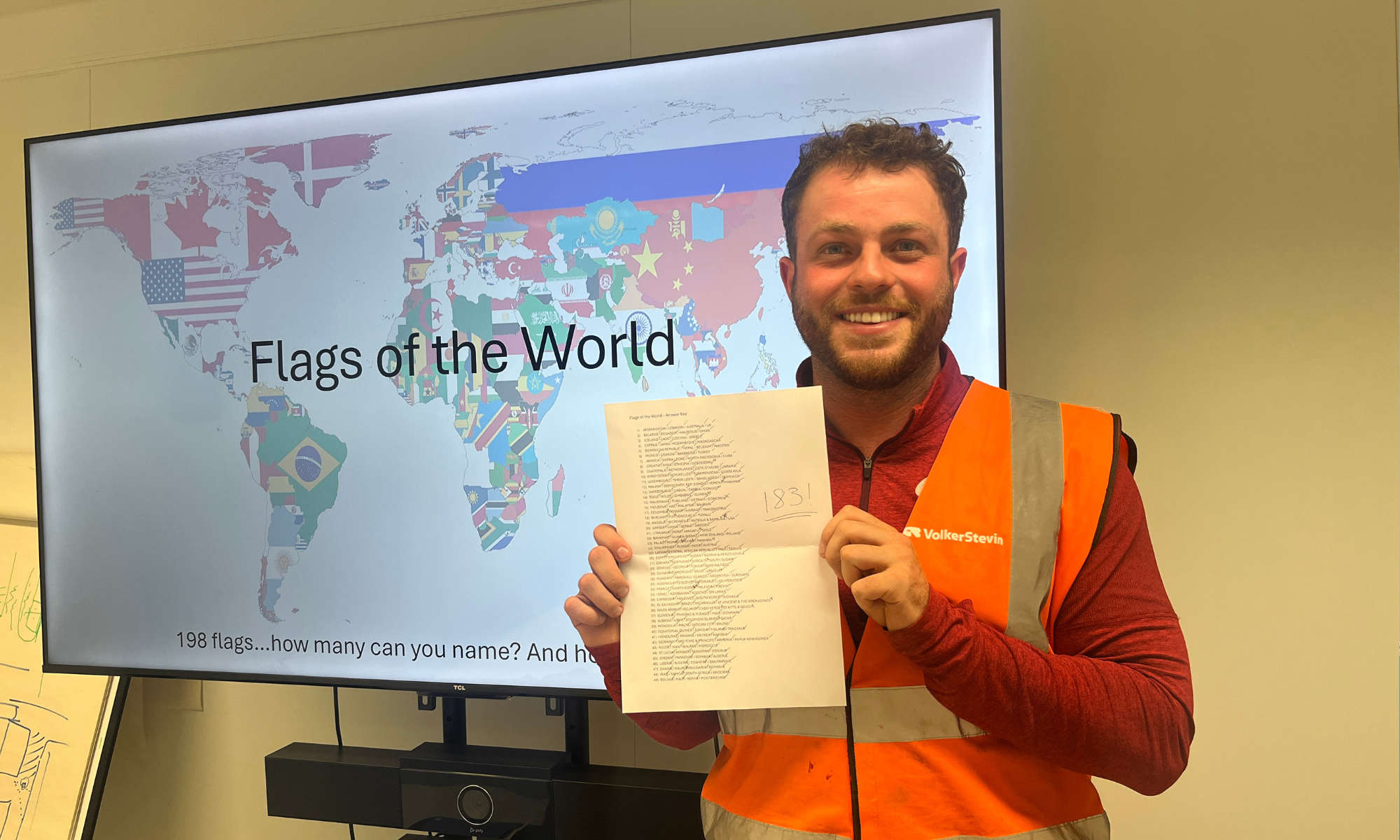 Man in orange hi-vis holding up a piece of paper stood in front of a TV with a world map on
